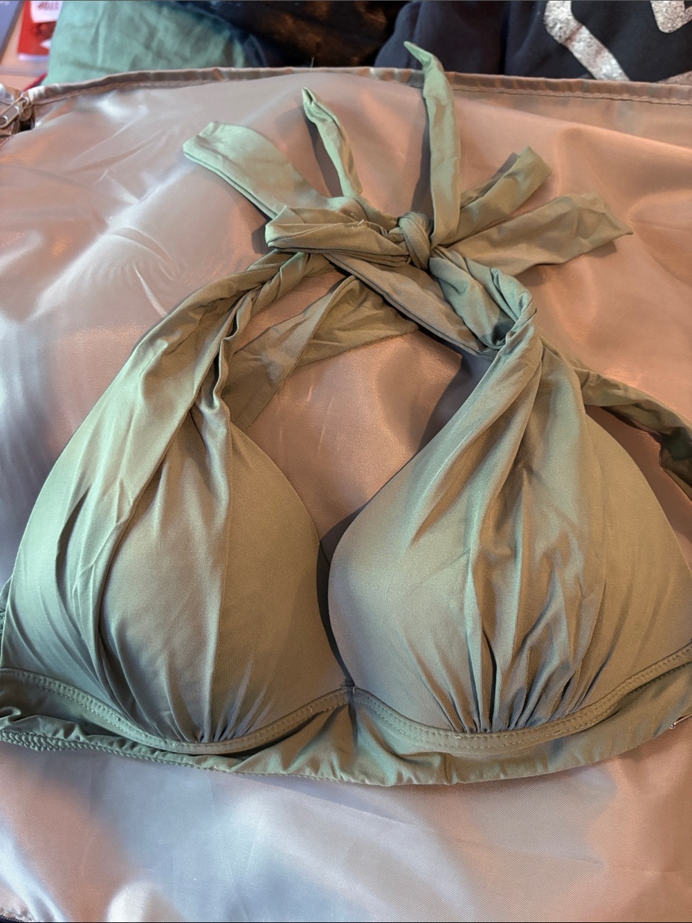 Olive Halter Bikini Top with Tie Straps - Women Swim Bikinis